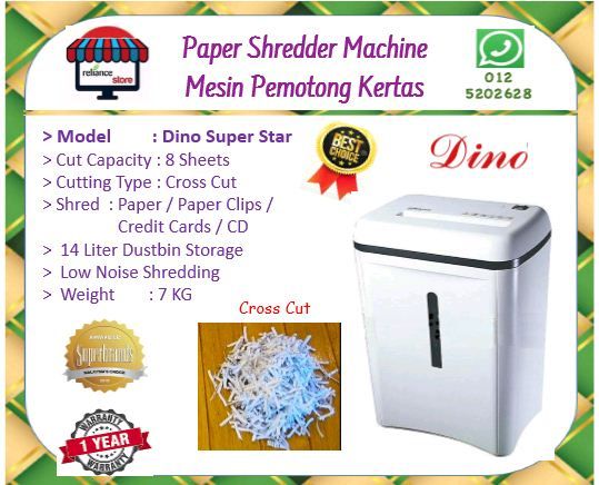 DINO Paper Shredder Machine / Mesin Pemotong Kertas / Mesin Perincih # SuperStar # 8 Sheets # Cross Cut # Low Noise # RS1234 ( KTT : 1 Unit )