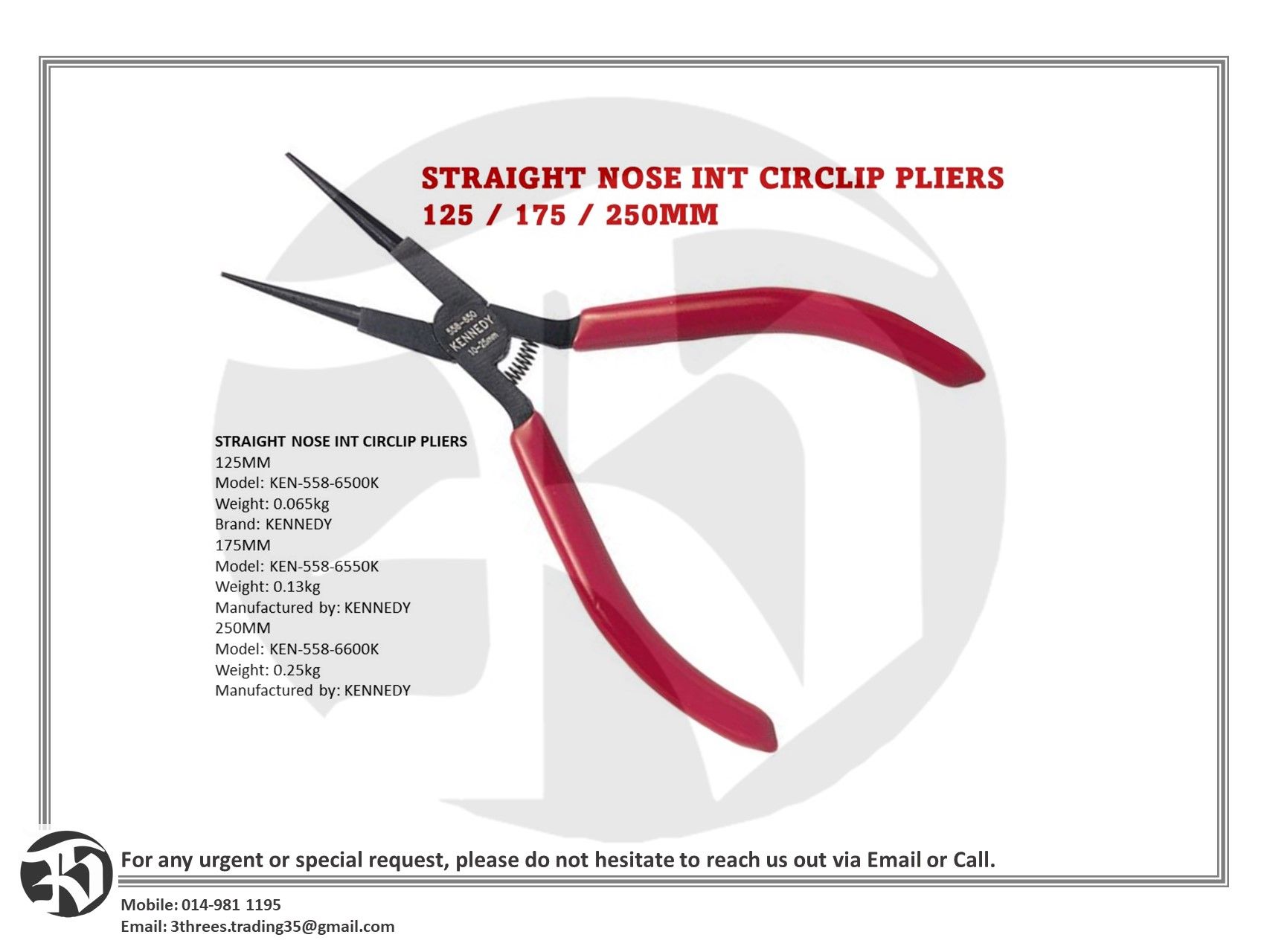 STRAIGHT NOSE INT CIRCLIP PLIERS 125 / 175 / 250MM