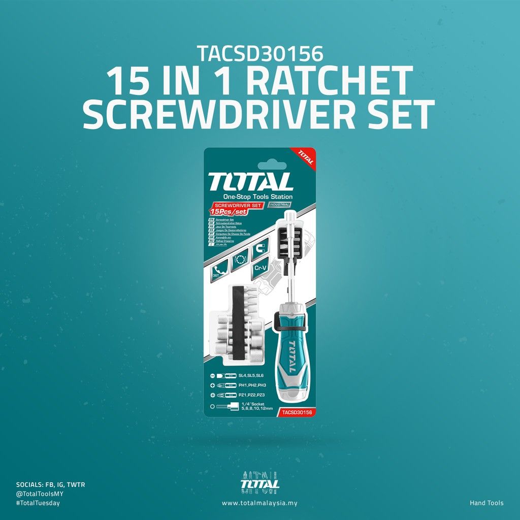 TOTAL 15 IN 1 RATCHET SCREWDRIVER SET TACSD30156