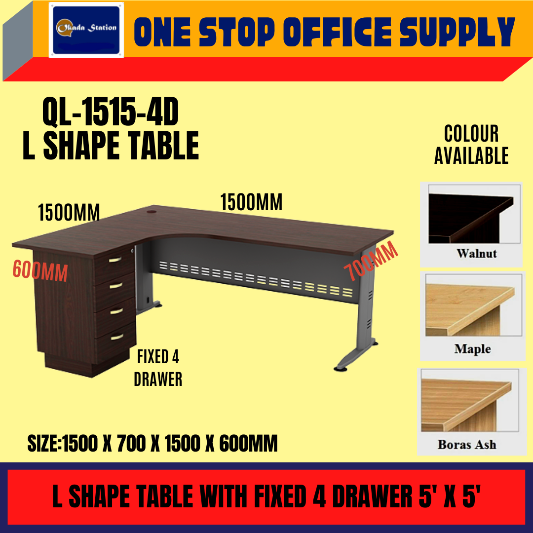 L SHAPE TABLE WITH FIXED 4 DRAWER -5' X 5' / L SHAPE TABLE / OFFICE TABLE / QL1515 / EXECULTIVE TABLE