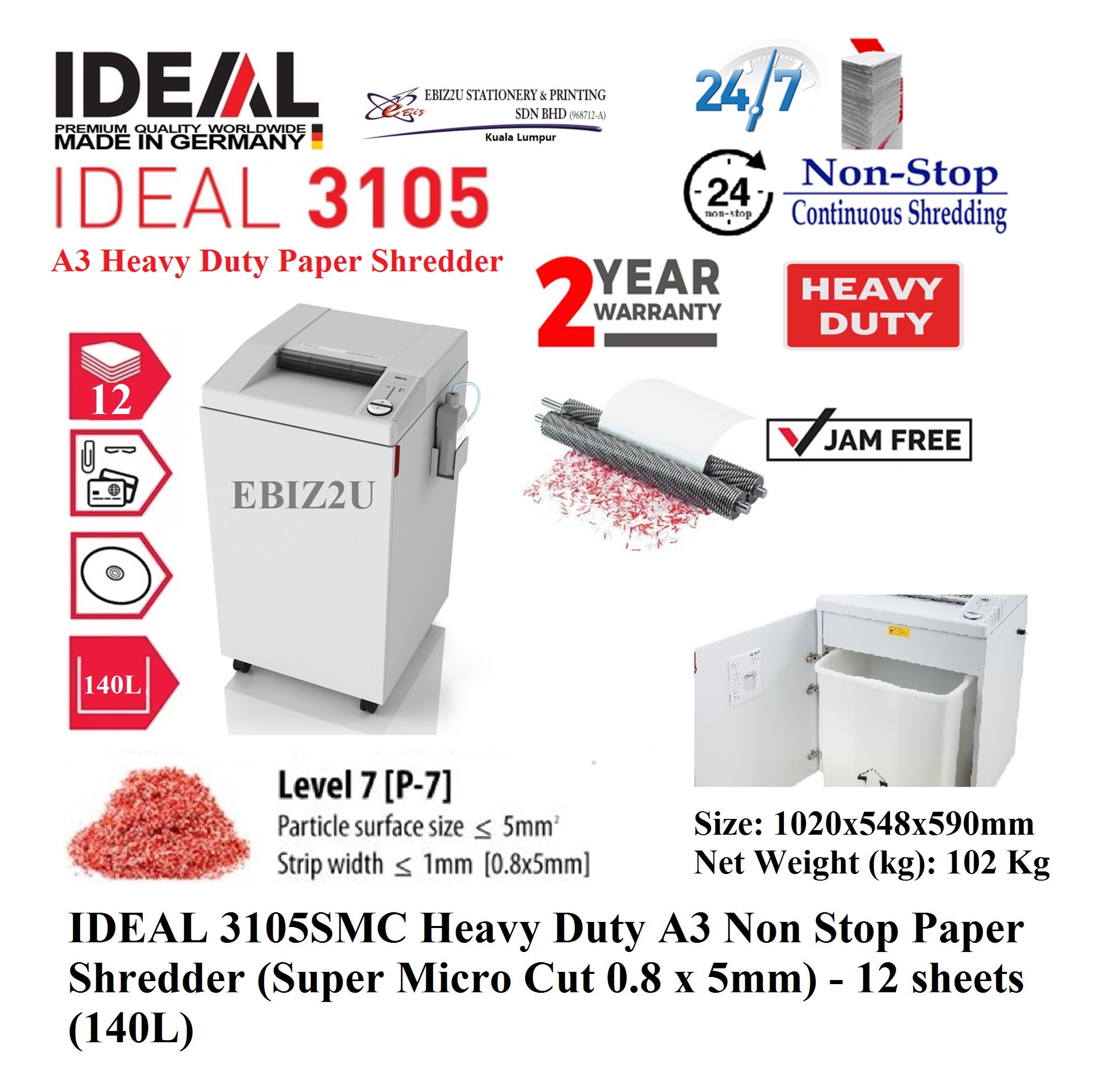 IDEAL 3105 SMC Heavy Duty A3 Paper Shredder (Super Micro Cut) - 12 sheets (180L) (Non Stop Paper Shredder, Shredder Machine, Office Shredder, Mesin Penghancur Kertas, Heavy Duty Shredder, Heavy Duty Paper Shredder)