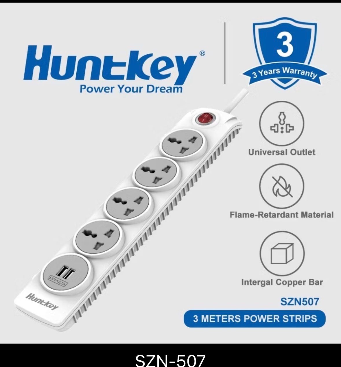 Huntkey 5 Universal Sockets 2 Usb Port Surge Protection Extension Cord (3M)