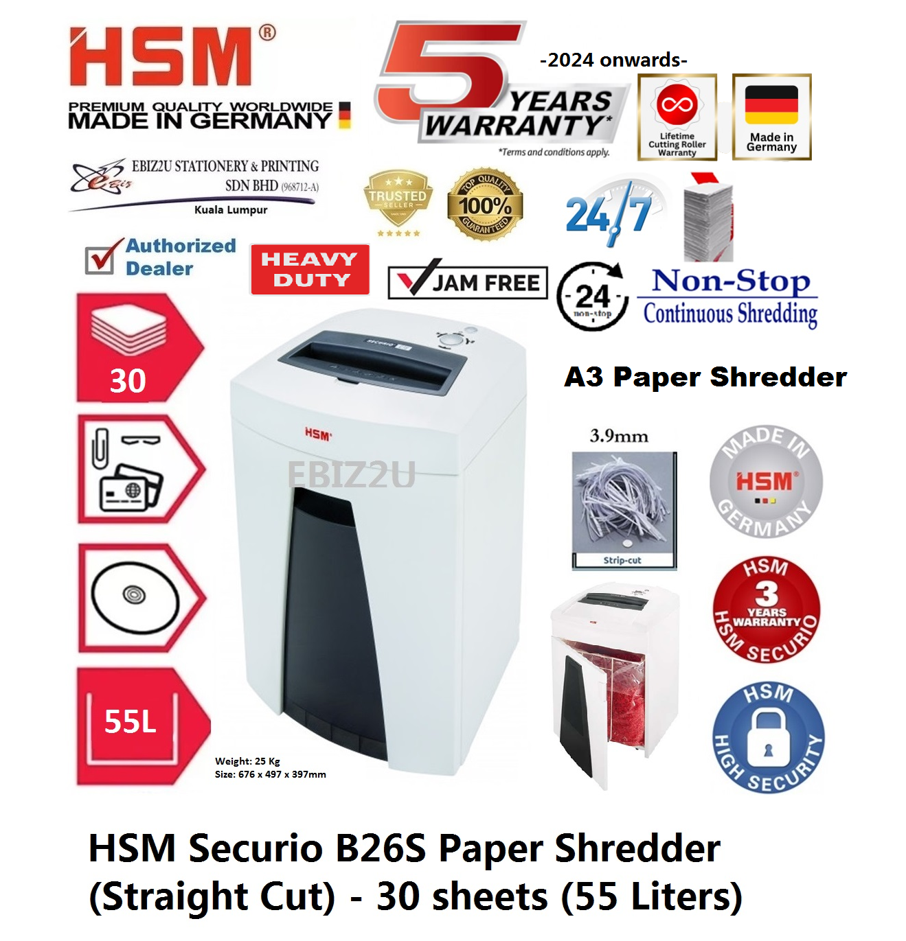 HSM Securio B26 S Paper Shredder (Straight Cut) - 30 sheets (55 Liters) (B26S, Strip Cut, Straight Cut, Paper Shredder, Shredder Machine, Office Automation, Office Shredder, Mesin Penghancur Kertas, Heavy Duty Shredder, Heavy Duty Paper Shredder)