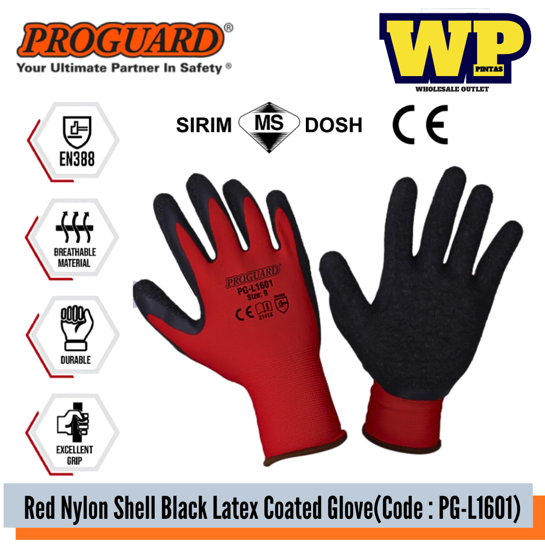 PROGUARD - RED NYLON SHELL BLACK LATEX GLOVE(SIRIM & DOSH) - ALL SIZE / 15 GAUGE RED NYLON SHELL / GENERAL GLOVE / GRIP GLOVE / BLACK LATEX GLOVE / ABRASION RESISTANCE GLOVE / MECHANICAL INDUSTRY GLOVE / HAND PROTECTION / GLOVE / PG-L1601