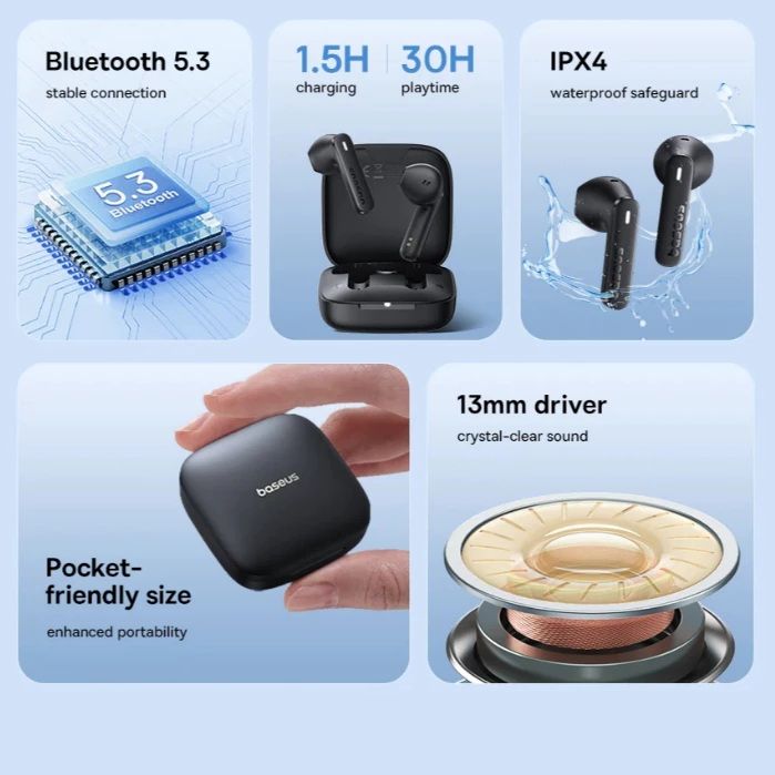 Baseus E16 True Wireless Earbuds with Bluetooth 5.3, IPX4 Waterproof, 30h Battery Life