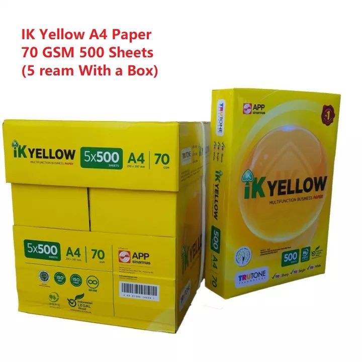 IK Yellow A4 Paper 70 GSM 500 Sheets (5 ream With a Box) - 1 box (KL, PJ & Shah Alam Only)