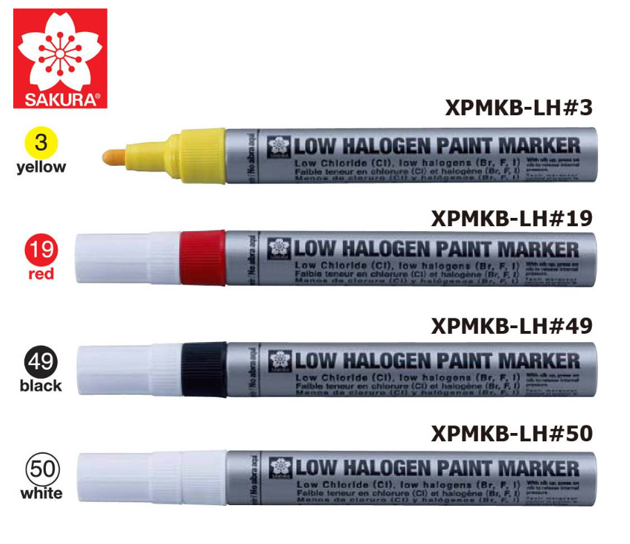SAKURA LOW HALOGEN PAINT MARKER YELLOW RED BLACK WHITE LOW CHLORIDE XPMKB-LH#3 XPMKB- LH#19 XPMKB-LH#49 XPMKB-LH#50 MADE IN JAPAN