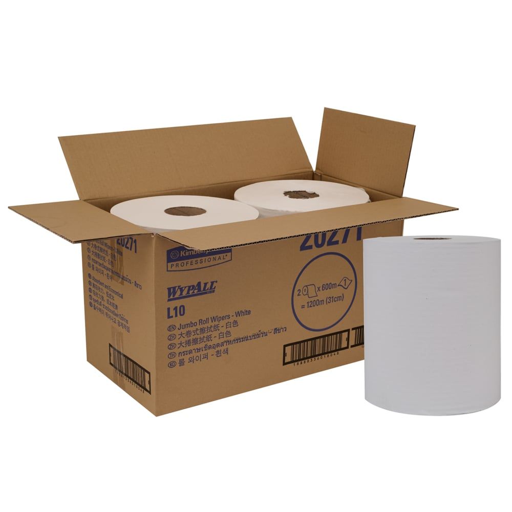 WypAll庐 Jumbo Roll Wipers (20271), White 1-Ply, 2 Rolls / Case, 600m / Roll (1200m)