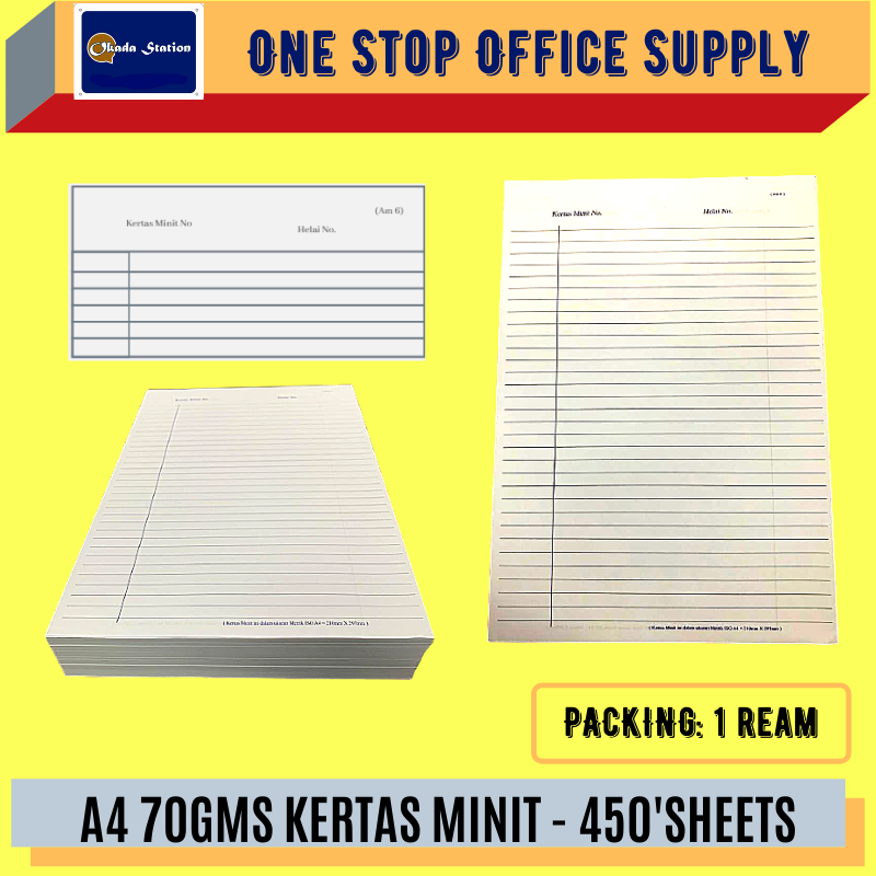 A4 70GSM KERTAS MINIT - 450'SHEET /Kertas Minit /A4 Size Kertas Minit /70gsm Kertas Minit /AM 6 Kertas Minit