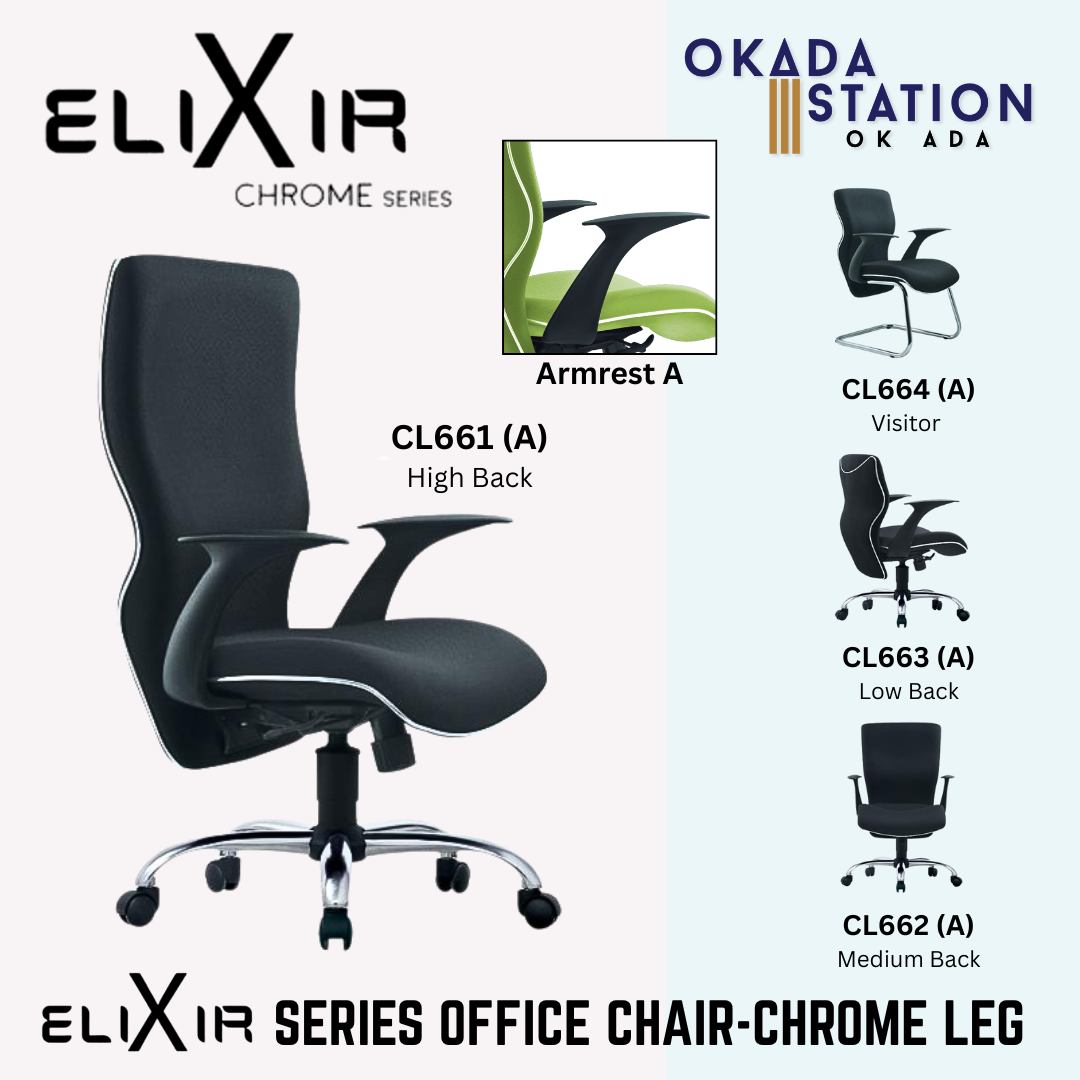CKASSIC CHAIR ELIXIR ERGONOMIC OFFICE CHAIR (ARMREST A)- ALL SIZE / CHROME SERIES / OFFICE CONFERENCE CHAIR / OFFICE SWIVEL CHAIR / ERGONOMIC CHAIR / EXECUTIVE CHAIR / DIRECTOR CHAIR / OFFICE CHAIR / CHAIR / CHROME BASE / FABRIC / PU LEATHER / ELIXIR