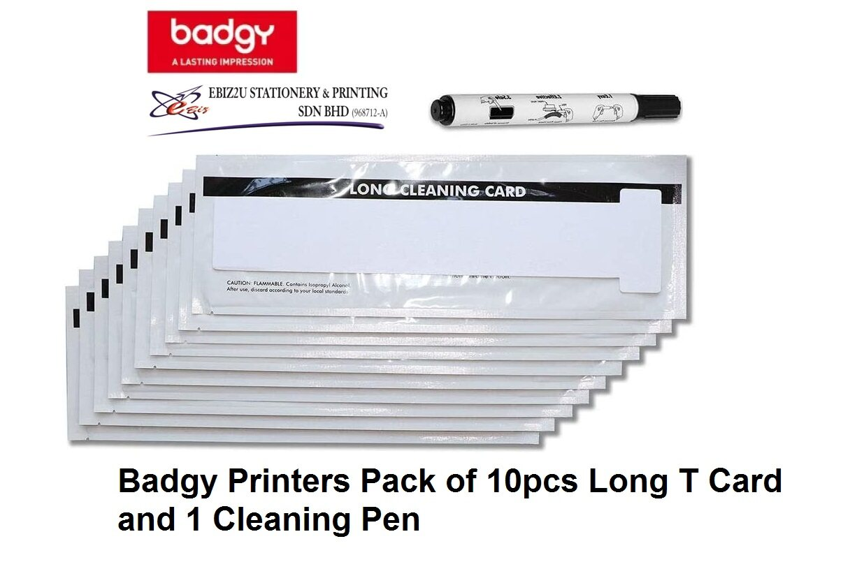 Badgy 200/100 ID Card Printer Cleaning Kit for Zenius, Primacy, and Elypso Printers Pack of 10pcs Long T Card and 1 Cleaning Pen CK-ACL004
