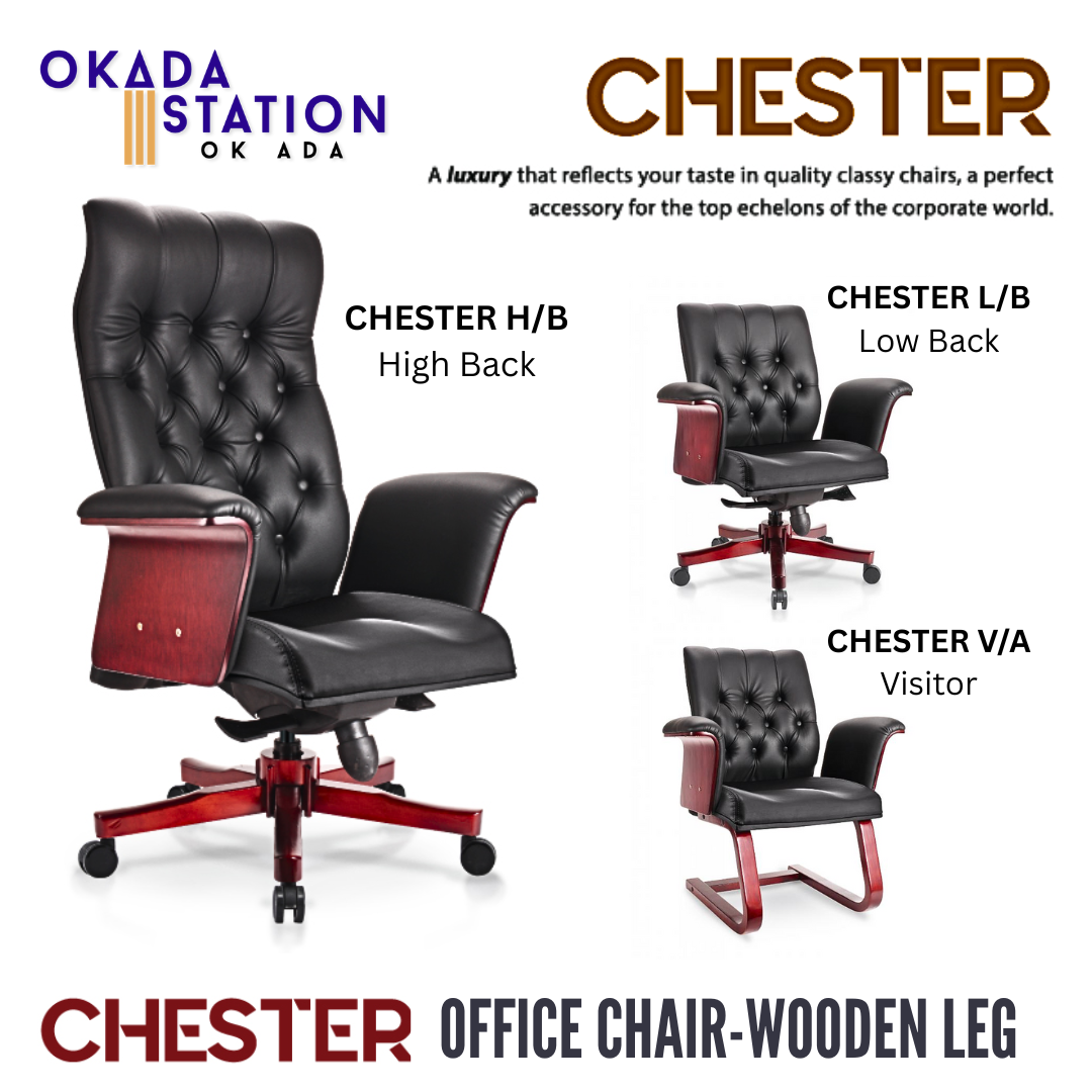 CHESTER ERGONOMIC OFFICE CHAIR - ALL SIZE / WOODEN SERIES / OFFICE CONFERENCE CHAIR / OFFICE SWIVEL CHAIR / ERGONOMIC CHAIR / EXECUTIVE CHAIR / DIRECTOR CHAIR / OFFICE CHAIR / CHAIR / WOODEN BASE / FABRIC / PU LEATHER / CHESTER