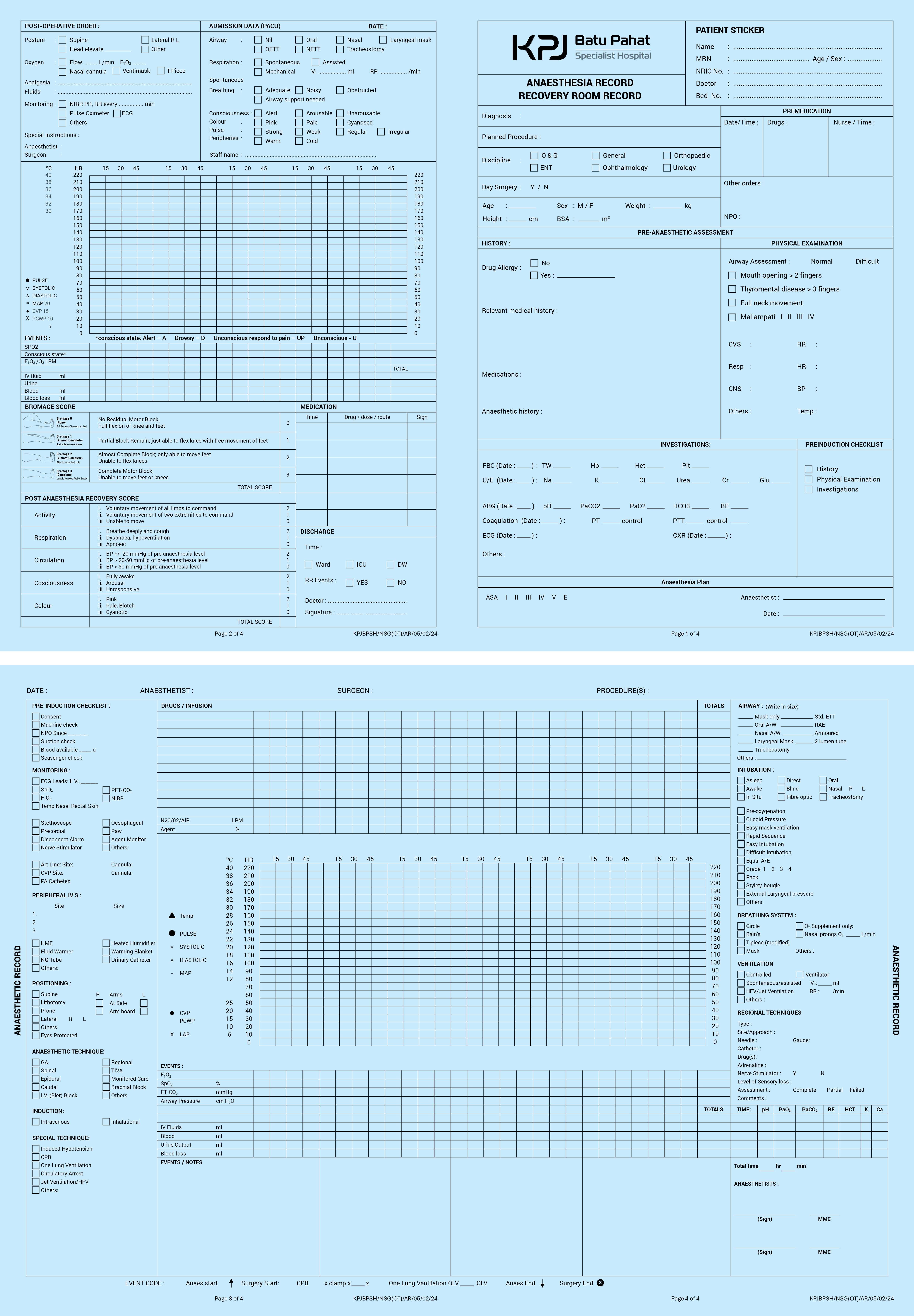 Anaesthesia Record Recovery Room Record