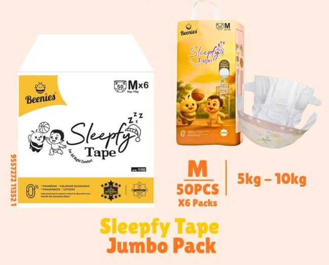 Beenies Sleepfy Tape – 6 Packs per Carton | Baby Diaper Tape (NB / S / M) 11302 M-Tape 1Ctn SL-11350-11352
