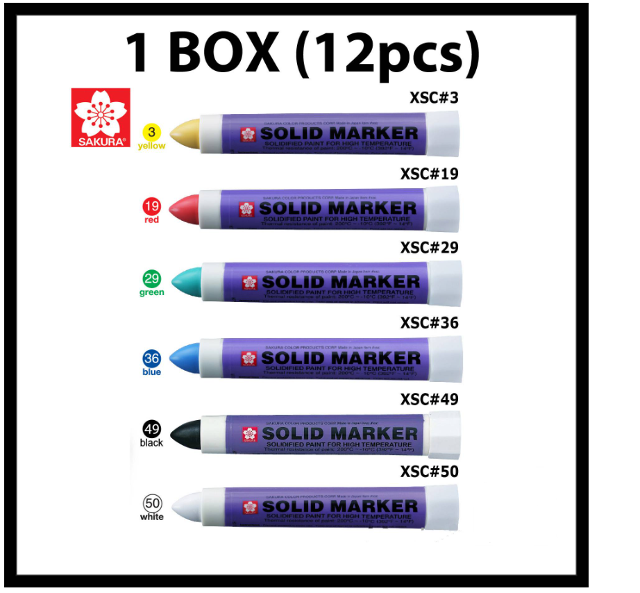 12PCS SAKURA SOLID MARKER INDUSTRIAL MARKERS YELLOW RED GREEN BLUE BLACK WHITE XSC#3 XSC#19 XSC#29 XSC#36 XSC#49 XSC#50