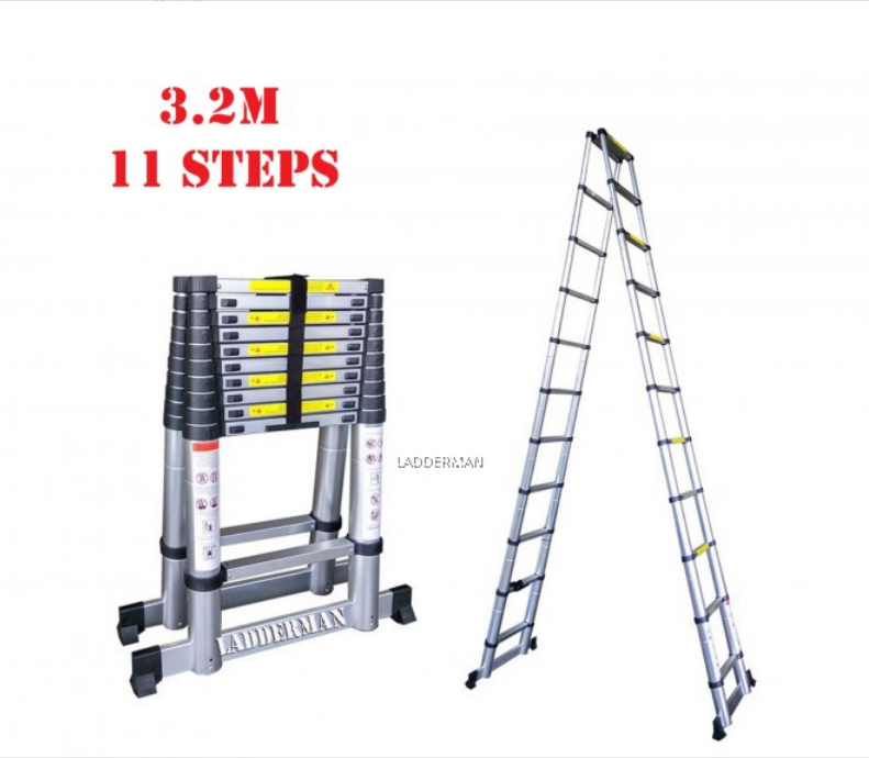 DS32 DOUBLE-SIDED TELESCOPIC EXTENDABLE ALUMINIUM LADDER WITH STABILIZE BAR 3.2M
