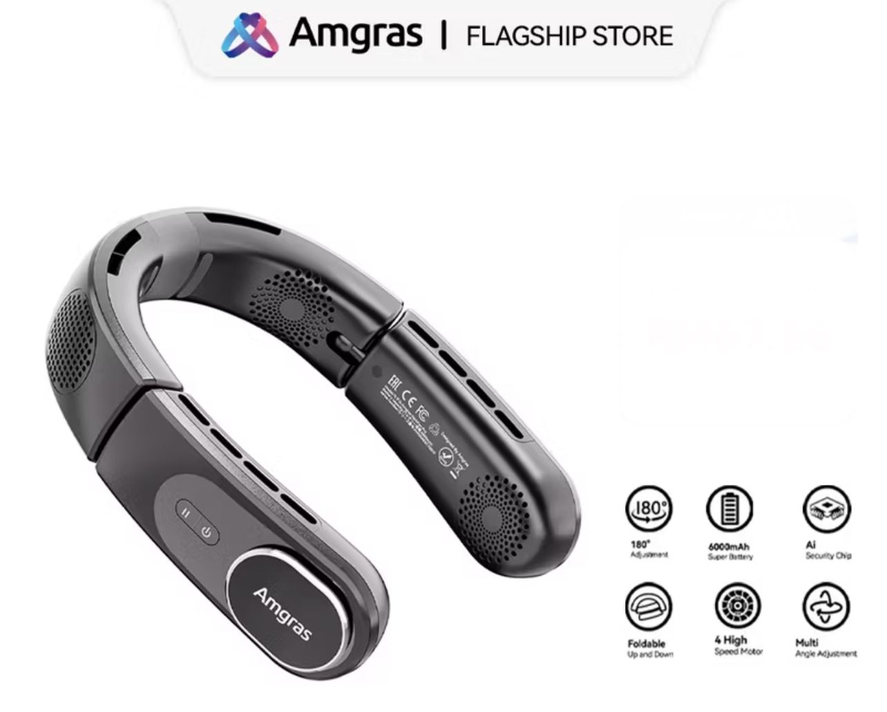 Amgras NeckFan Pro Portable Neck fan 360° Airflow collapsible kipas mini 360° Silent Fan cooler Surround Air Outlet 6000mAh 3 Speed