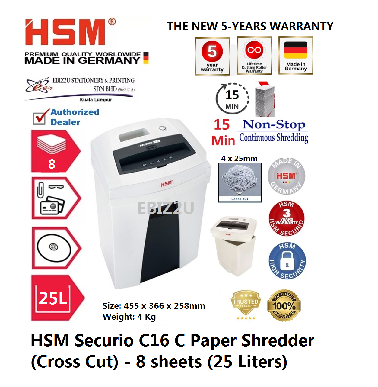 HSM Securio C16 C Paper Shredder (Cross Cut)-8 sheets (25 Liters) ( C16C, Cross Cut, Paper Shredder, Shredder Machine, Office Shredder, Heavy Duty Shredder, Mesin Penghancur Kertas)