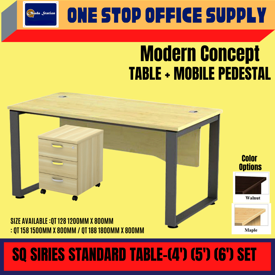 SQ-SIRIES TABLE WITH MOBILE PEDESTAL & TABLE TOP PARTITION SET / OFFICE TABLE / CLUSTER OF 1 PERSON / 4' / 5' / 6' /