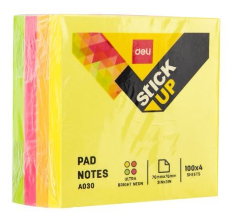 Deli Sticky Notes Fluorescent Colour 3x3 inch EA03003 4x100's