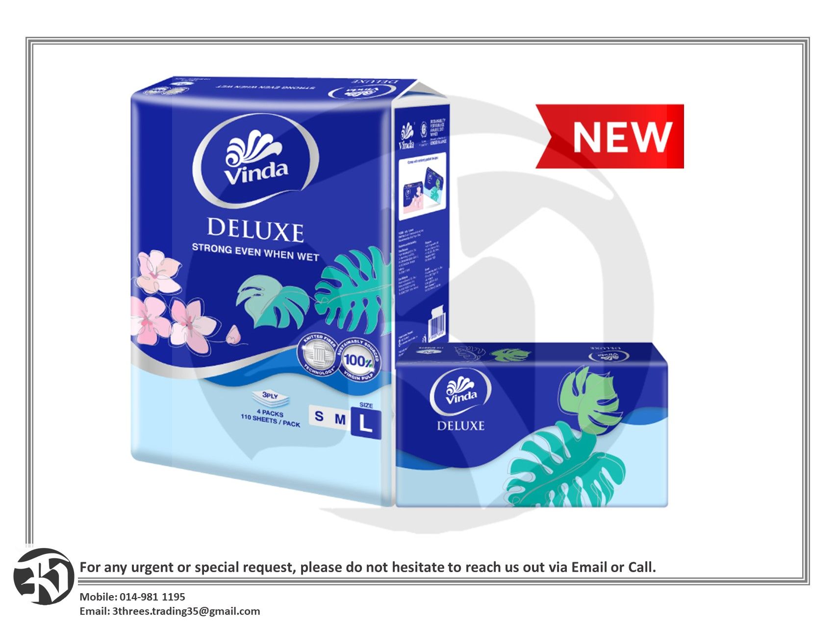 Vinda Deluxe Soft Pack Facial Tissue Large 3-ply (110s x 4)