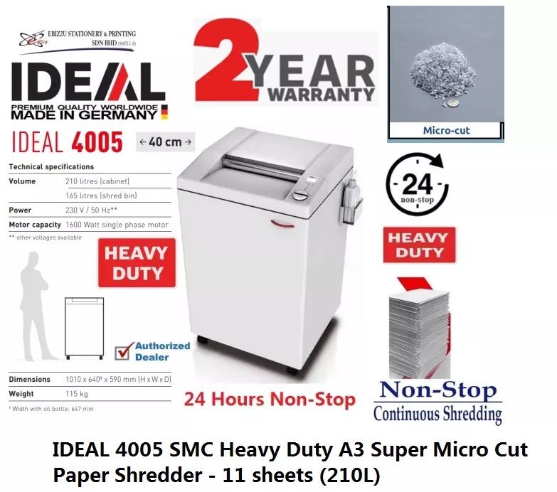 IDEAL 4005 SMC (0.8 x 12mm) Heavy Duty A3 Super Micro Cut Paper Shredder - 11 sheets (210L) (Non Stop Paper Shredder, Shredder Machine, A3 Paper Shredder, Office Shredder, Mesin Penghancur Kertas, Heavy Duty Shredder, Heavy Duty Paper Shredder)