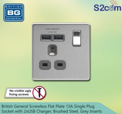 British General Screwless Flat Plate 13A Single Plug Socket With 2xUSB Charger, Brushed Steel, Grey Inserts