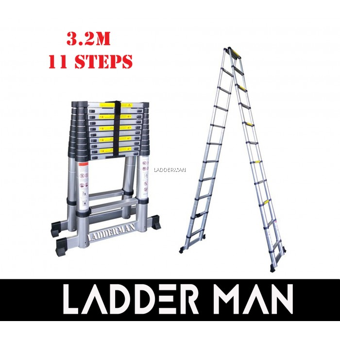 DOUBLE-SIDED TELESCOPIC EXTENDABLE ALUMINIUM LADDER 3.2M - 11 Steps
