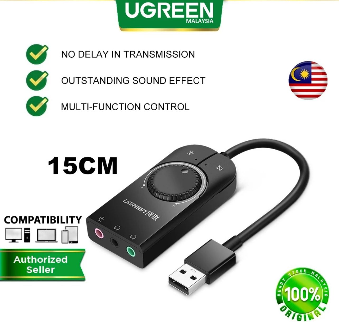 Ugreen Sound Card External USB Stereo Audio Card Adapter USB to Jack 3.5mm Earphone Headphone Microphone Laptop