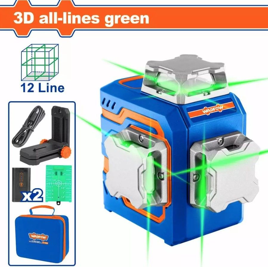WADFOW 3D SELF-LEVELING LINE LASER (12 LINES, GREEN) RANGE: 0-30M, LEVEL ANGLE: ?4°, LASER TYPE: <1MW, CLASS 2 WLE2M12