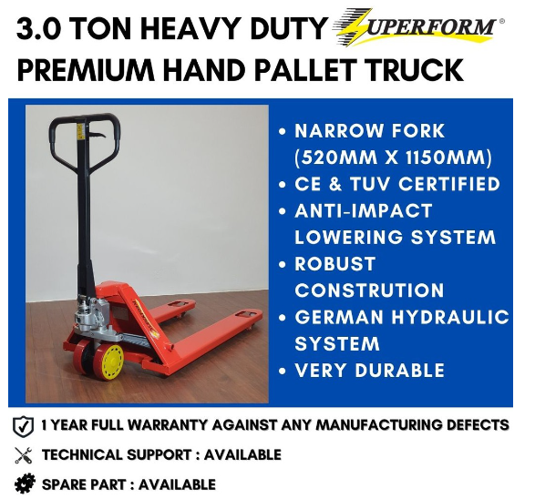 SUPERFORM 3.0 TON HAND PALLET TRUCK NARROW FORK (520MM X 1150MM) MANUAL PALLET JACK HAND JACK | 1 YEAR FULL WARRANTY