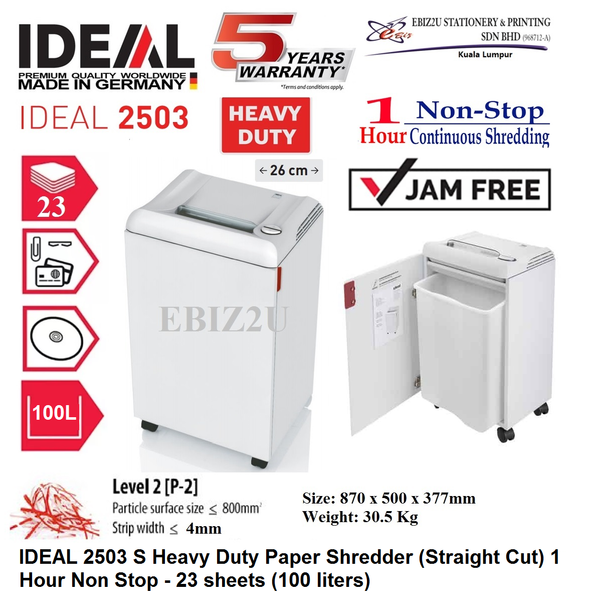 IDEAL 2503 S Heavy Duty Paper Shredder (Straight Cut) 1 Hour Non Stop - 23 sheets (100 liters) (Paper Shredder, Shredder Machine, Office Automation, Office Shredder, Mesin Penghancur Kertas, Heavy Duty Shredder, Heavy Duty Paper Shredder)