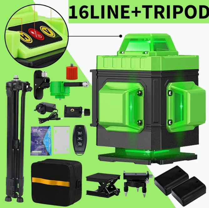 *16 Line Laser Level Green Light Self-Leveling 360° Rotary Cross 3D 4D Auto Measurement Tool Remote (16 Line Level + Tripod)