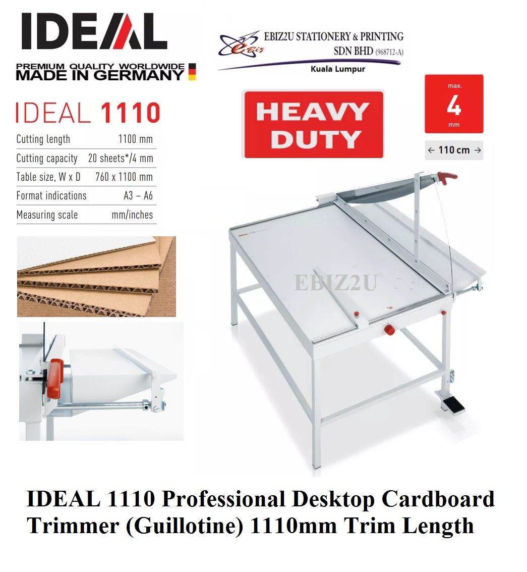 IDEAL 1110 Professional Desktop Cardboard Trimmer (Guillotine) 1110mm Trim Length -20 sheets Foot Pedal with Stand (Pemotong Kertas, Paper Cutter, Paper Cutter, Paper Trimmer, Heavy Duty Cutter, A4, A3, A3, A1 paper cutter, Cardboard Cutter)
