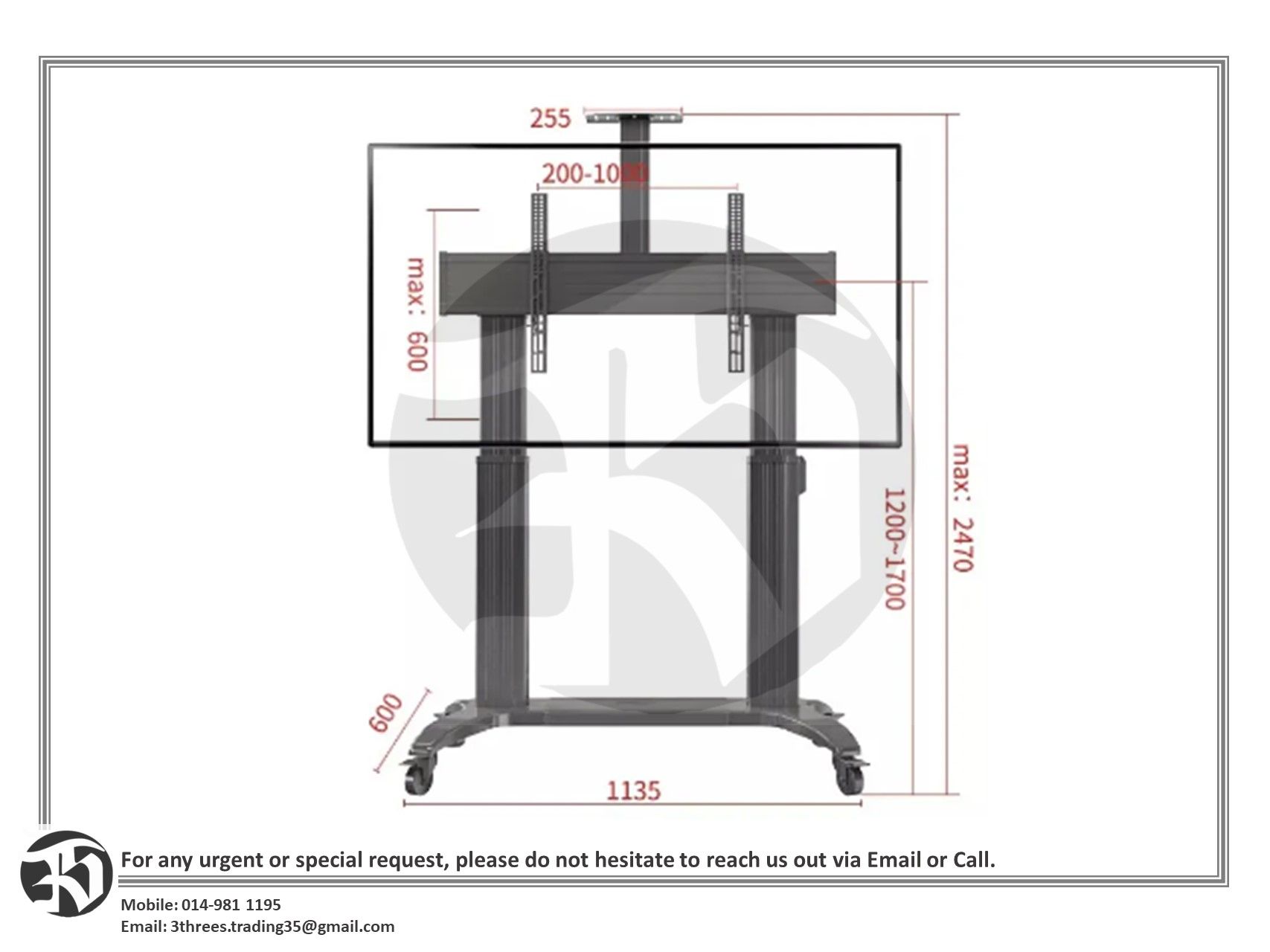 NB TW100 Aluminum Alloy Black Motorized Mobile Stand Support TV Size 75”-110”