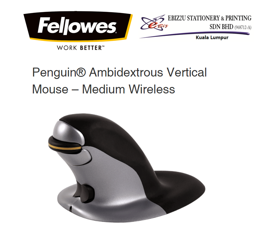 Fellowes Penguin Ambidextrous Vertical Mouse 鈥�Medium Wireless ergonomic position avoid wrist strain