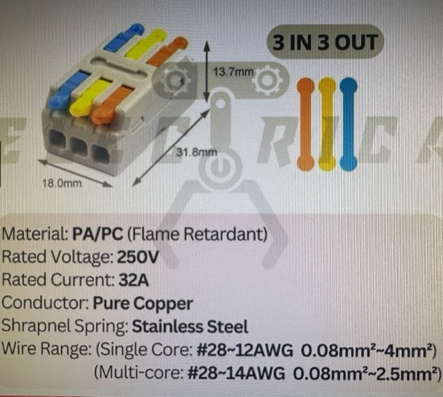 Fast Wire Cable Connector Reusable Spring Terminal Safe and Quick Connector Fast Connector 3 IN 3 OUT (1pc)