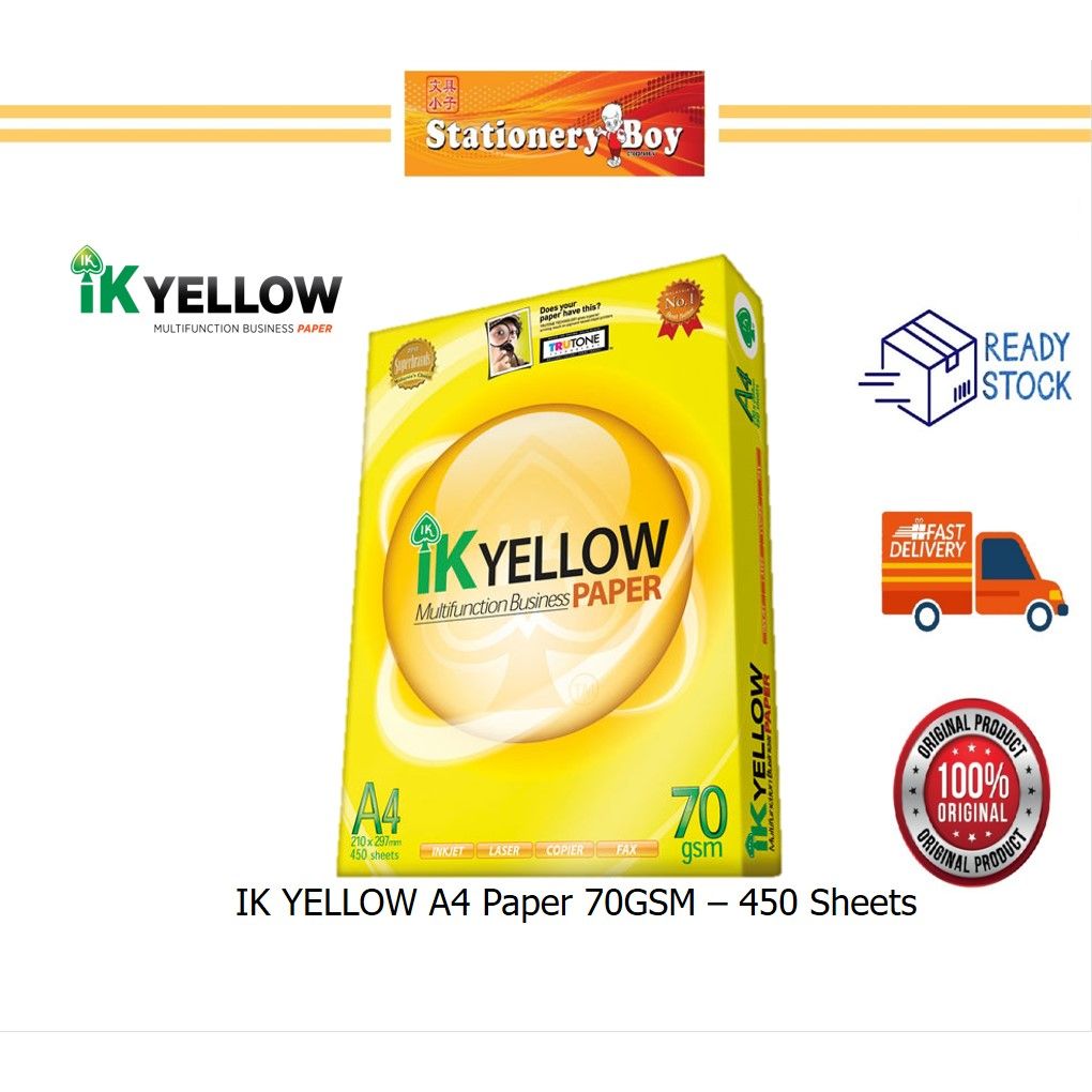 IK YELLOW A4 PAPER 450 SHEETS/REAM - 70GSM or 80GSM