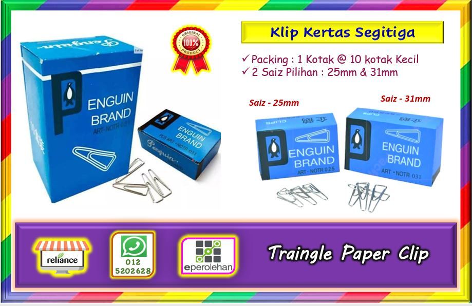 Metal Triangle Paper Clip / Klip Kertas Besi Segitiga # Saiz - 25mm (Kecil) & 31mm (Sederhana) # RP-0113 ( KTT : 1 kotak @ 10 Kotak Kecil )