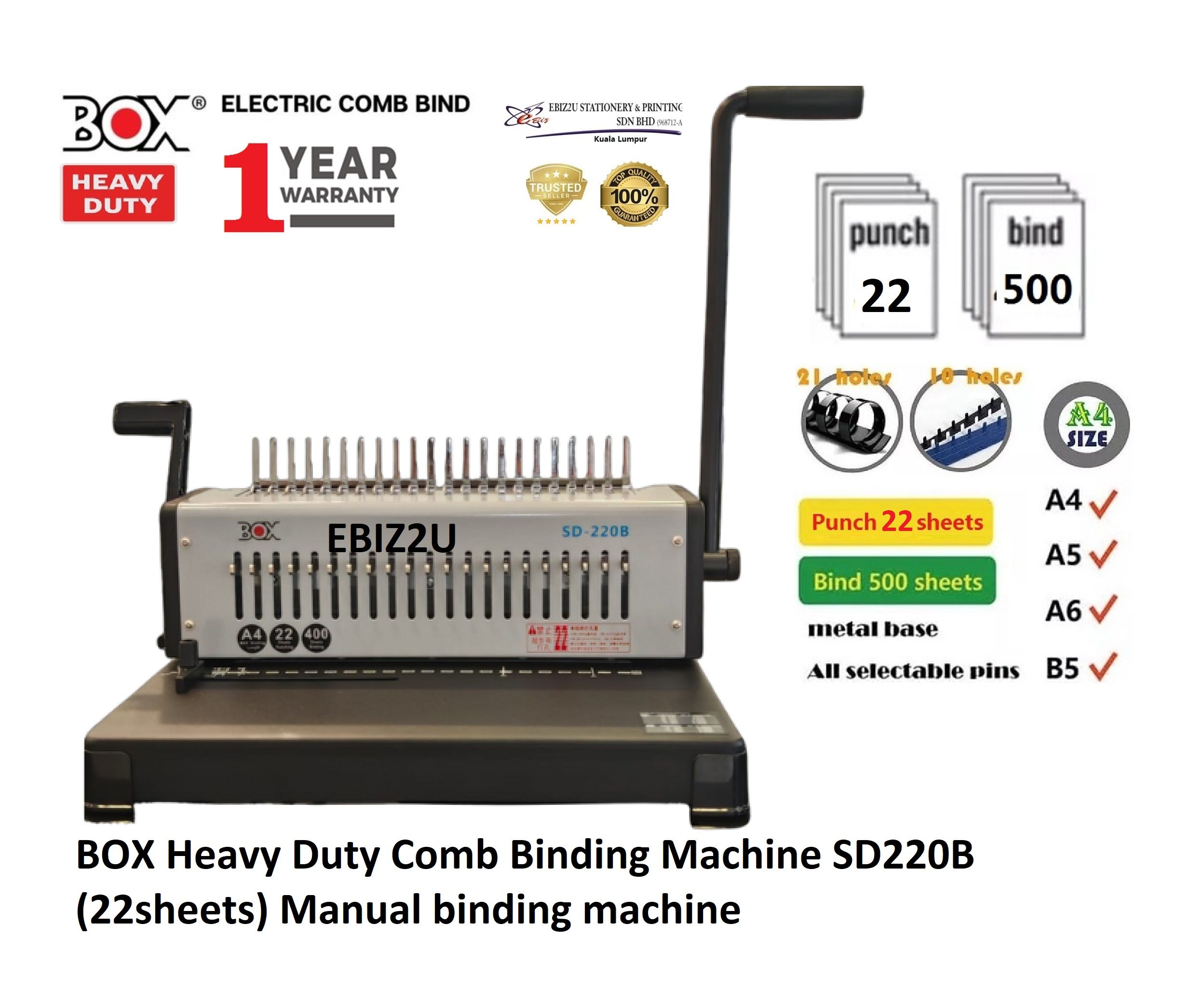 BOX Heavy Duty Comb Binding Machine SD220B (22sheets) Manual binding machine, heavy duty binding machine, Comb binding machine best binding machine