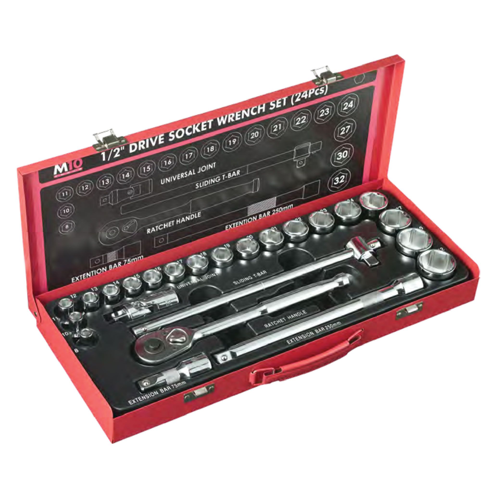M10 1/2" Dr Socket Set (6 PT Socket - Metric Size) : 419M (24 Pcs)
