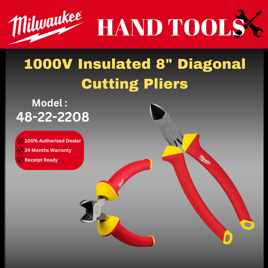 Milwaukee 1000V Insulated 8" Diagonal Cutting Pliers / 48-22-2208 / Insulated Pliers / Electrician Pliers / Milwaukee Pliers