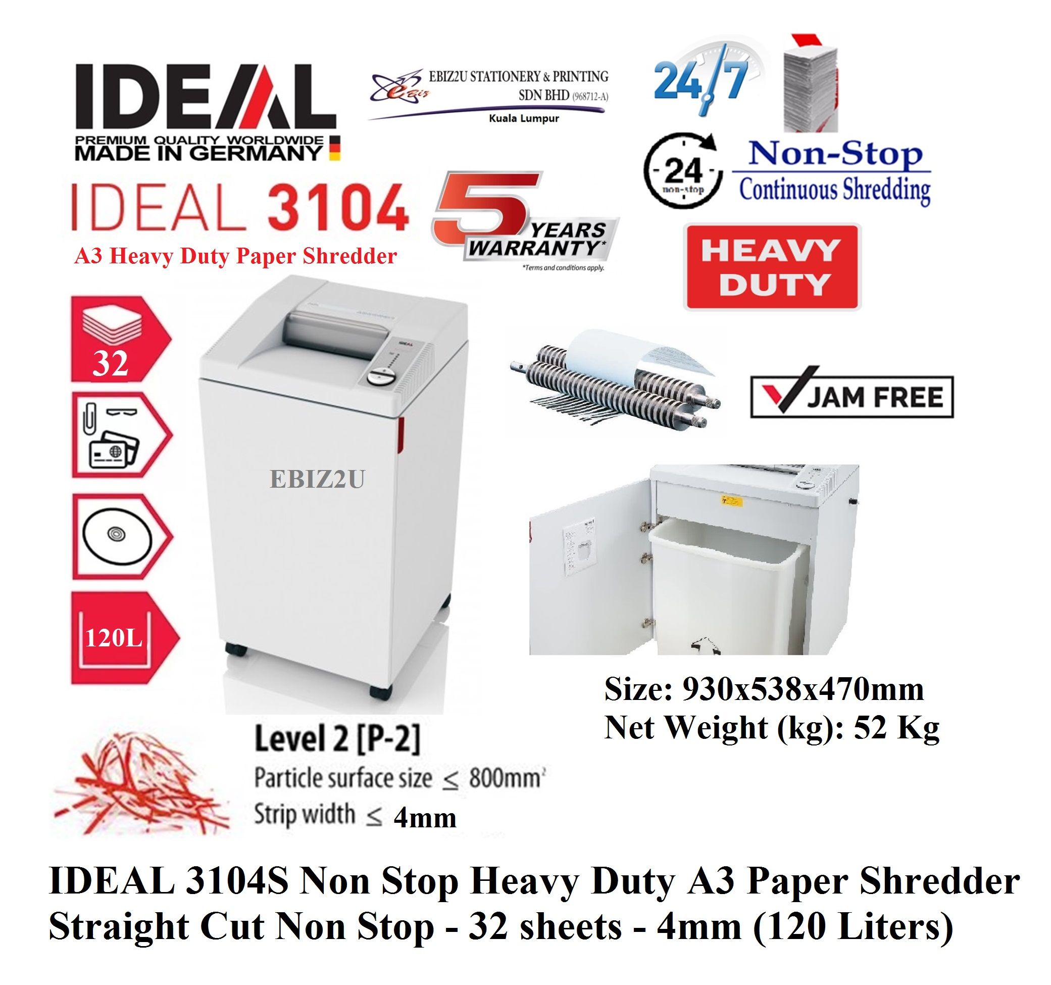 IDEAL 3104 S Non Stop Heavy Duty A3 Paper Shredder Straight Cut Non Stop - 32 sheets - 4mm (120 Liters) 3104S (non stop, Strip Cut, Straight Cut, Paper Shredder, Shredder Machine, Mesin Penghancur Kertas, Heavy Duty Shredder, Heavy Duty Paper Shredde