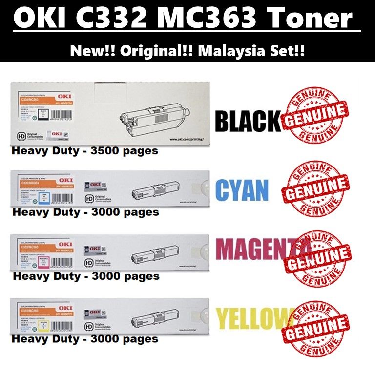 Genuine Malaysia OKI Warranty - OKI C332/MC363 Combo Sets ( Black + Cyan + Magenta + Yellow ) Heavy Duty Toners