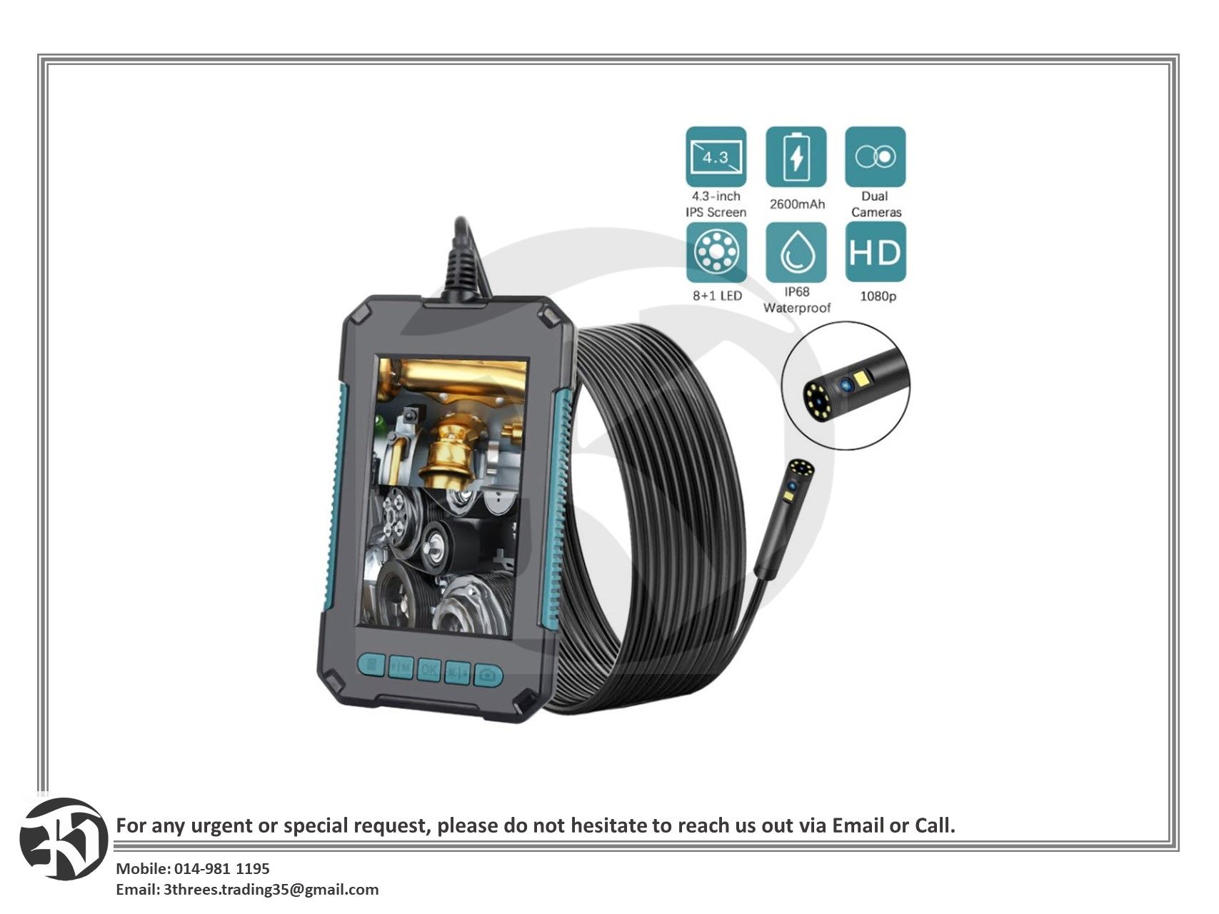 Dual-Lens Industrial Endoscope with 4.3" LED Screen 1080P