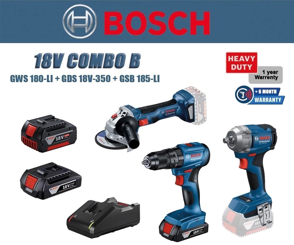BOSCH 18V Combo B GWS 180-LI Grinder GSB 185-LI Impact Drill GDS 18V-350 Impact Wrench GWS180 GSB185 GDS18V350