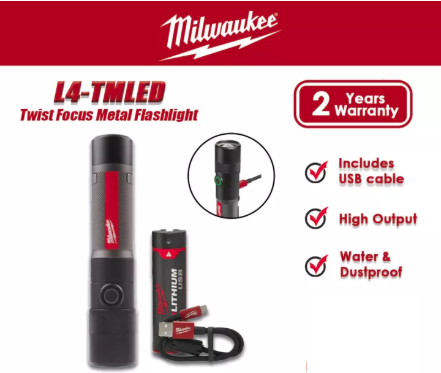 MILWAUKEE L4 TMLED-201 L4TMLED USB Rechargeable Compact Flashlight 1100L Twist Focus Flashlight with USB Torch Light Wire