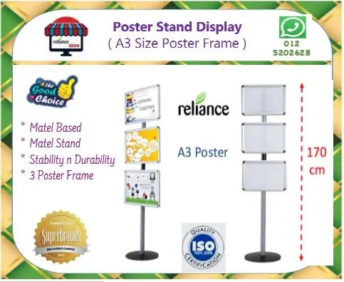 Reliance A3 Poster Stand (3 x Frame) / Display Rack / Exhibition Poster Stand Rack / Rak Pameran Poster Berdiri / Rak Iklan # Metal Stand & Base # 5 Kaki Ketinggian # Writebest WP-EO3 # Buatan Malaysia # RP0318 ( KTT : 1 Unit )