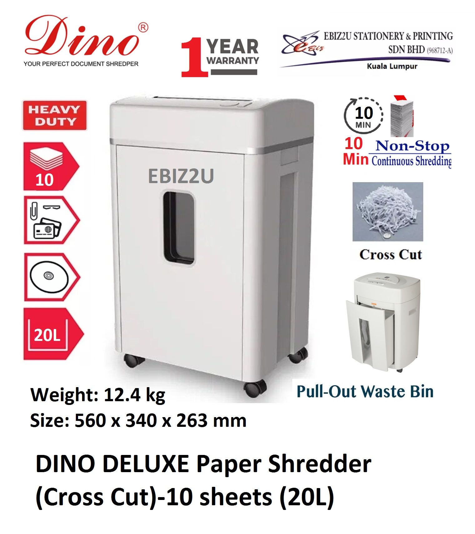 DINO DELUXE Paper Shredder (Cross Cut)-10 sheets (20L) (Paper Shredder, Shredder Machine, Office Automation, Cross Cut, Micro Cut, Office Shredder, Mesin Penghancur Kertas)