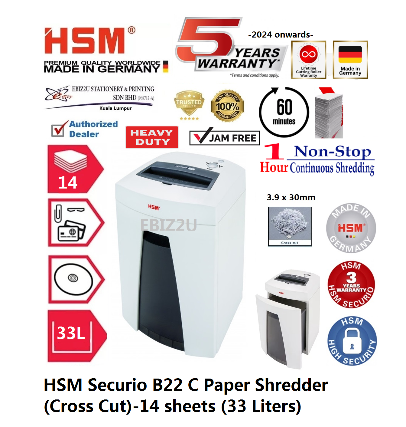 HSM Securio B22 C Paper Shredder (Cross Cut)-14 sheets (33 Liters) ( B22C, Cross Cut, Paper Shredder, Shredder Machine, Office Shredder, Heavy Duty Shredder, Mesin Penghancur Kertas)